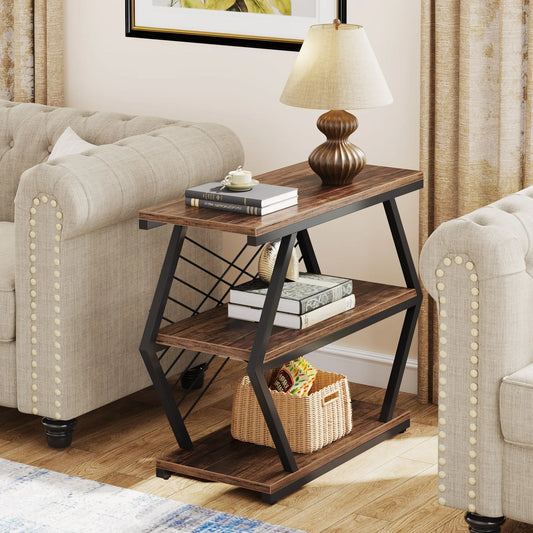 MonoWood End Table, Industrial Side Table with 3 Storage Shelves, Wood Sofa Side Table with Geometric Metal Frame