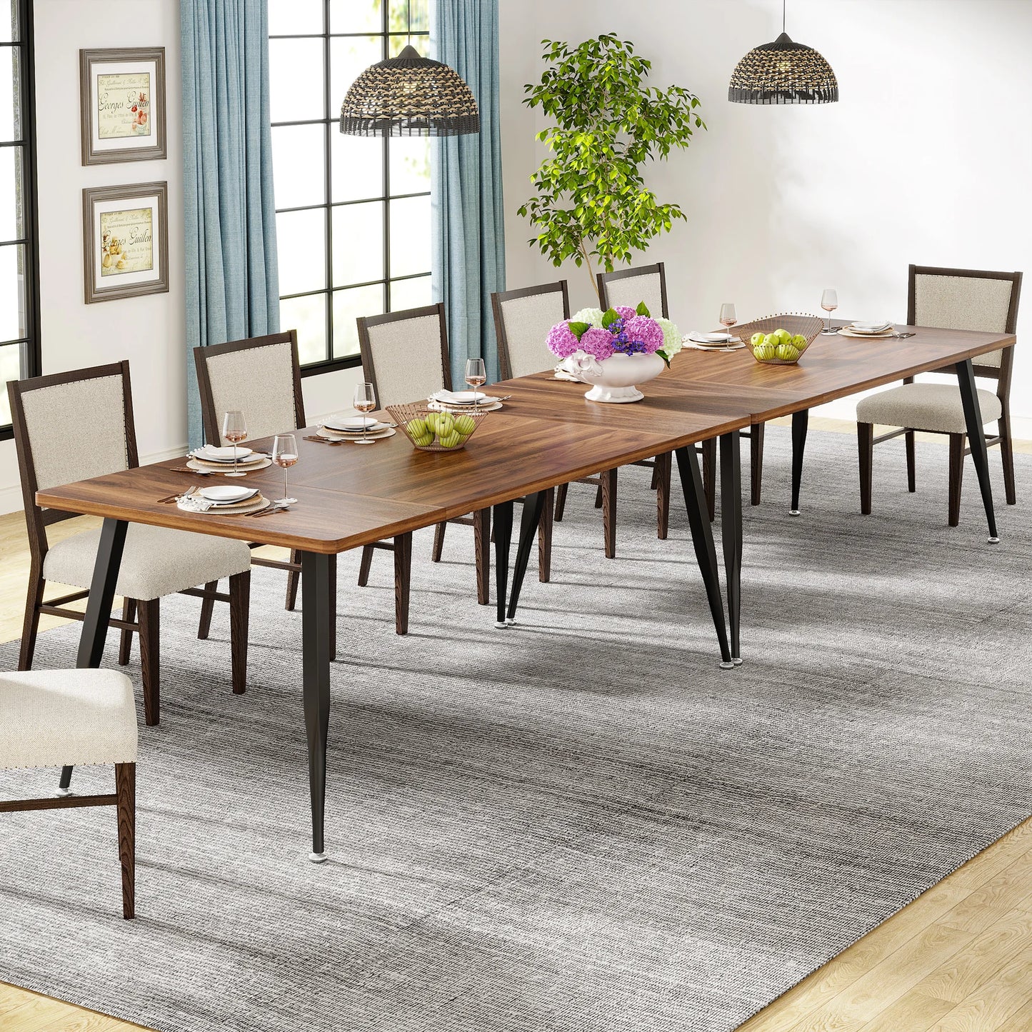 MonoWood Dining Table180x80x75cm, Spacious Rustic Industrial Table for 6-8 People, Sturdy Metal Legs & Modern Faux Wood