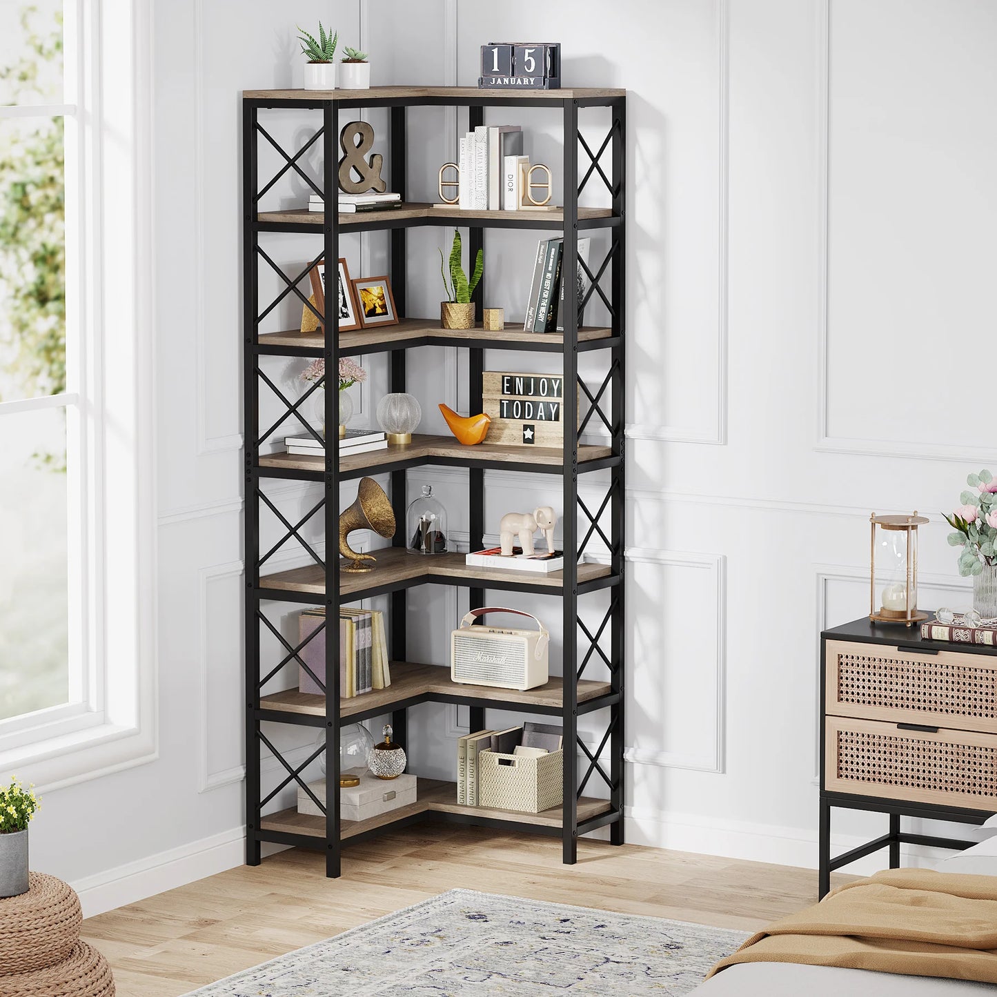 MonoWood 7-Shelf Corner Bookshelf,Large Modern Corner Bookcase, 7-Tier Tall Corner Shelf Storage Display Rack with Metal Frame