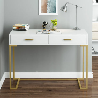 MonoWood Vanity Desk with 2 Drawers,White and Gold Small Makeup Vanity,Modern Vanity Table Dressing Desk for Women Girls Gift