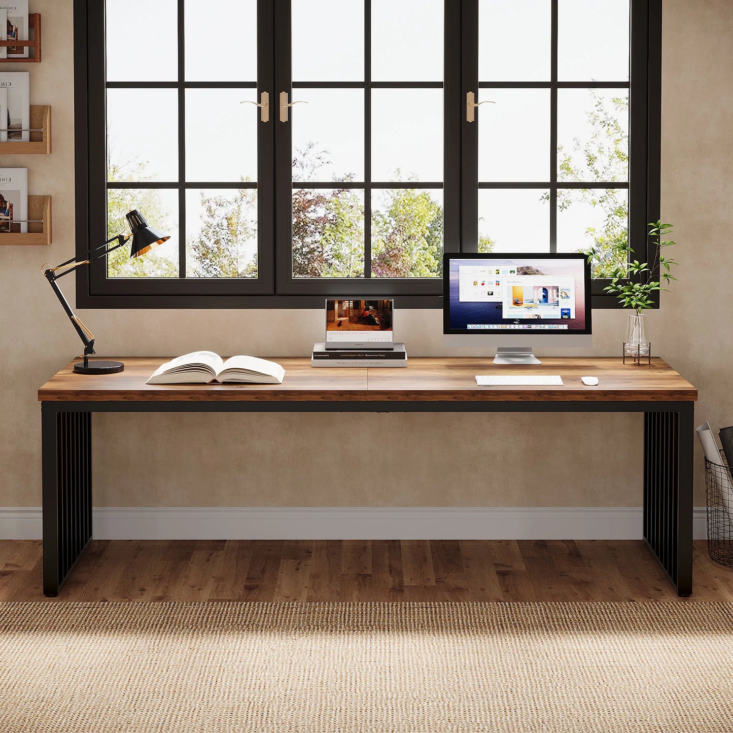 MonoWood 78''Modern Large Office Desk, 2-Person Computer Workstation, Industrial Wooden Desk with Metal Legs