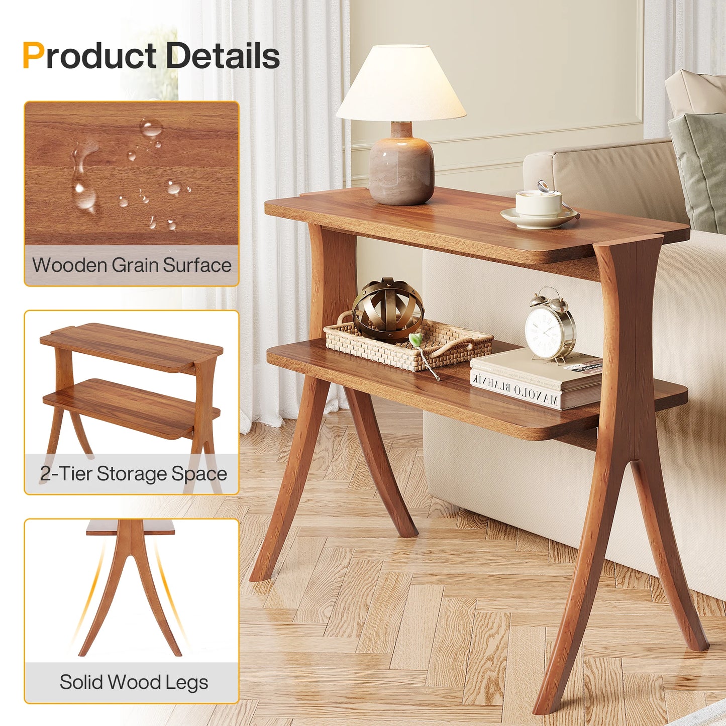 MonoWood Walnut Side Table for Living Room, Narrow End Table with 2-Tier Storage Shelf and Solid Wood Legs, Slim Bedside Table
