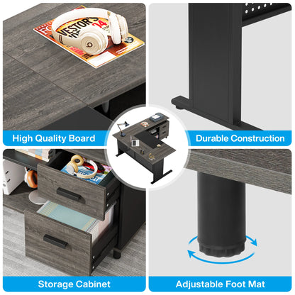 MonoWood 63 Inch Executive Desk with File Cabinet, Large Office Desk L Shaped Computer Desk with Drawers and Storage Shelves