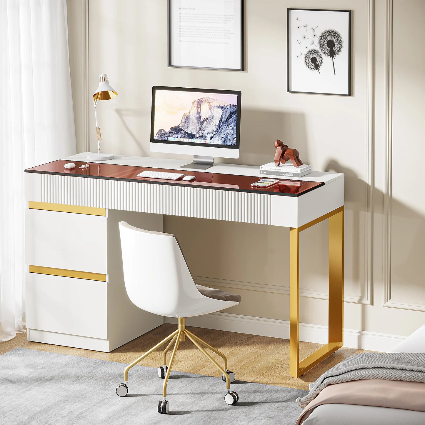MonoWood Computer Desk with 4 Drawers, 47 Inch Modern Home Office Desk with Glass Top, White and Gold Writing Workstation Desk