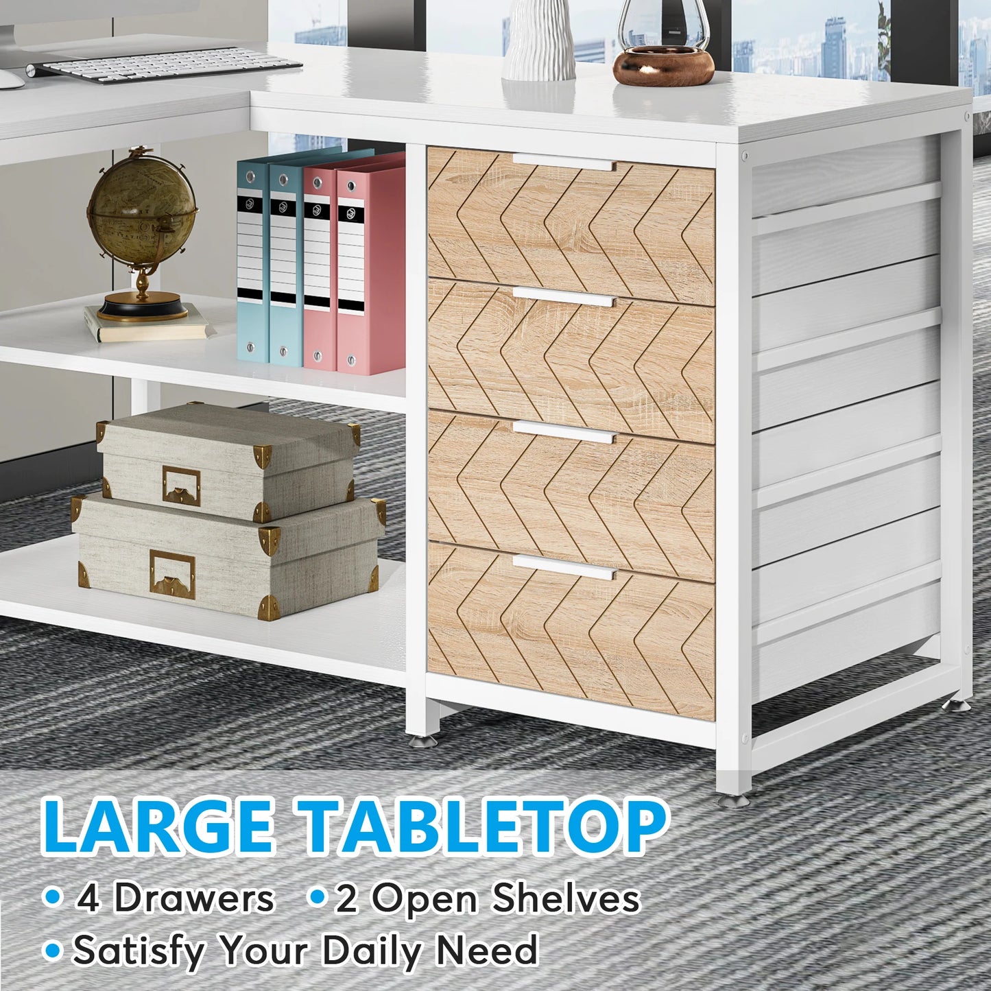 MonoWood L Shaped Computer Desk with Storage Drawers, 59 inch Corner Desk with Shelves, Reversible L-Shaped Office Desk