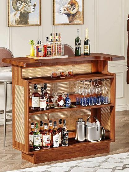 MonoWood Rattan Home Bar Unit, Farmhouse 4-Tier Bar Table with 4 Stemware Racks and Heightened Base, Liquor Wine Bar Cabinet