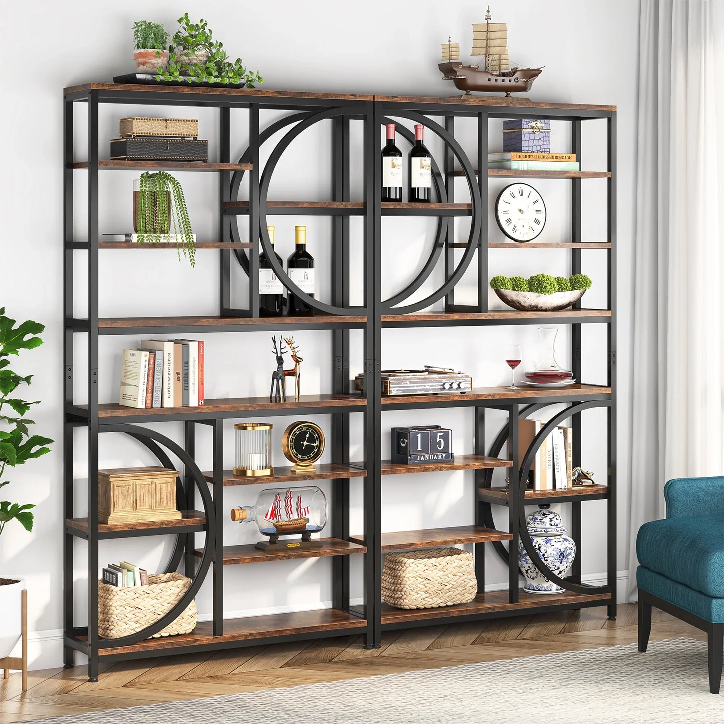 MonoWood 8 Tier Industrial Bookshelf, 77-Inch Tall Open Etagere Bookcase with Metal Frame for Living Room, Home Office
