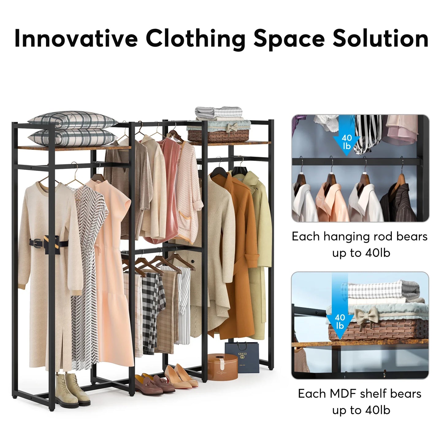 MonoWood Free Standing Closet Organizer with Hanging Rods,Clothes Rack with Storage Shelves, Large Size Storage Rack