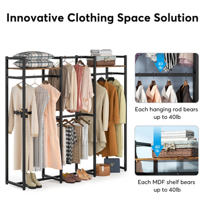 MonoWood Free Standing Closet Organizer with Hanging Rods,Clothes Rack with Storage Shelves, Large Size Storage Rack