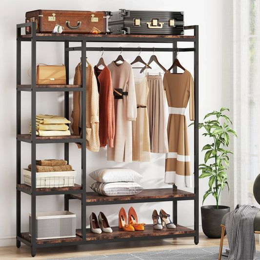 MonoWood  Free-standing Closet Organizer with 6 Storage Shelves and Hanging Bar, Large Standing Clothes Garment Rack