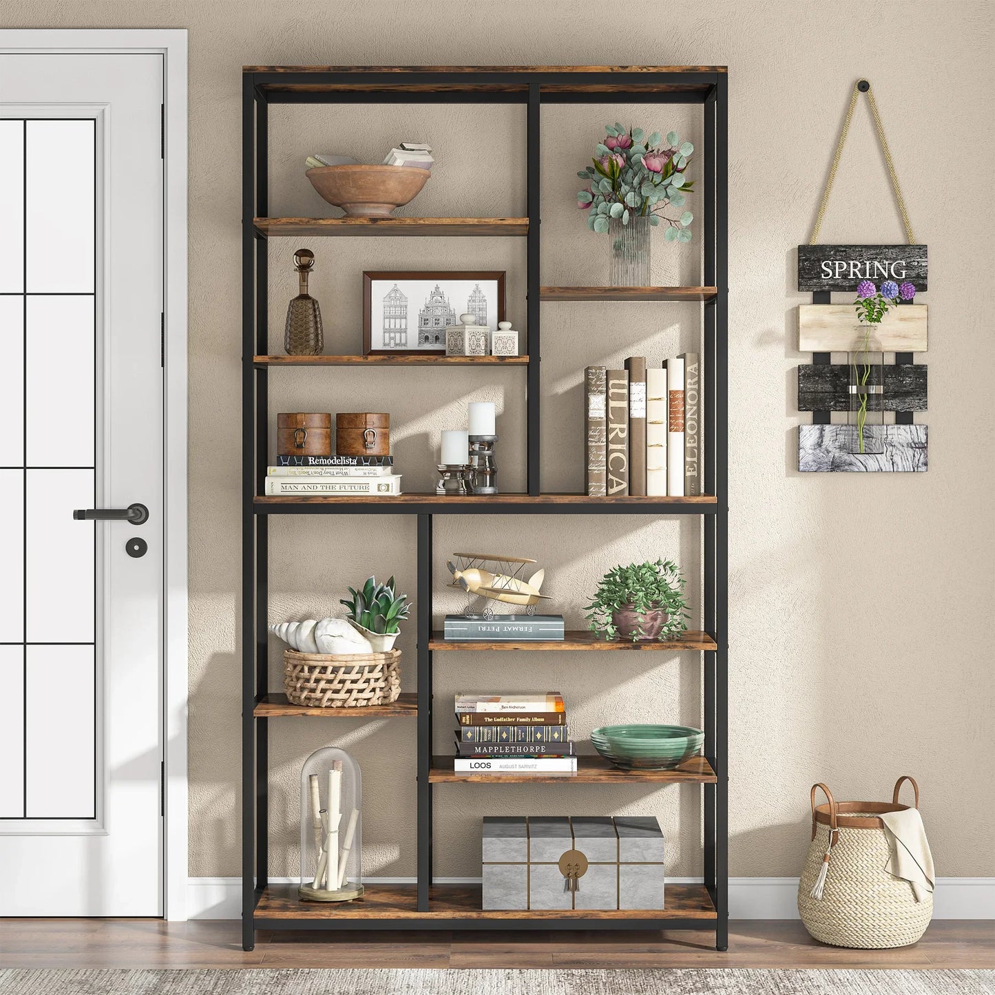 MonoWood Modern 8-Tier Staggered Bookcase -, Wide Wood Etagere Shelving Unit