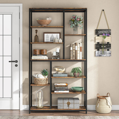 MonoWood Modern 8-Tier Staggered Bookcase -, Wide Wood Etagere Shelving Unit