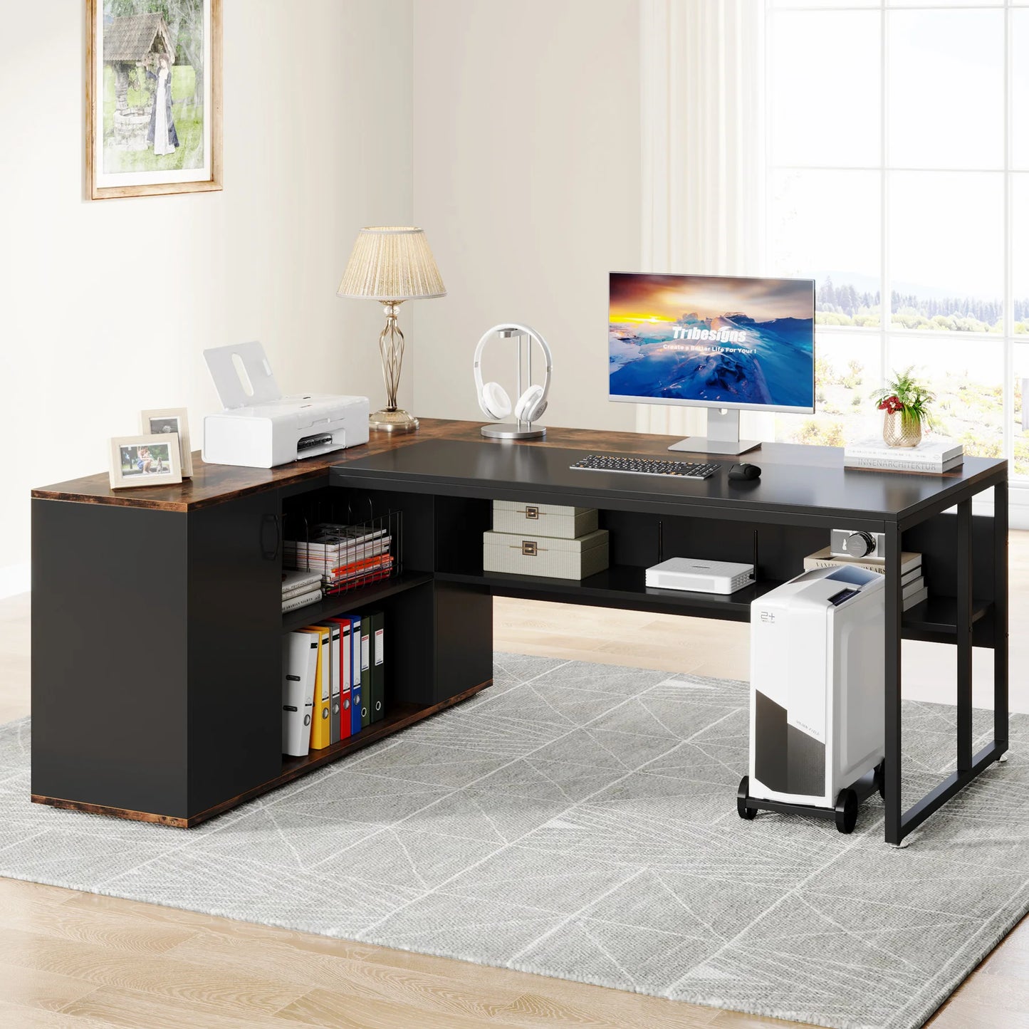 MonoWood 71 inch Executive Desk, L Shaped Desk with Cabinet Storage, Executive Office Desk with Shelves