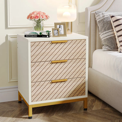 MonoWood Night Stands for Bedrooms, White and Gold Light Wood Grain Nightstands with 3 Drawers Bedside Tables
