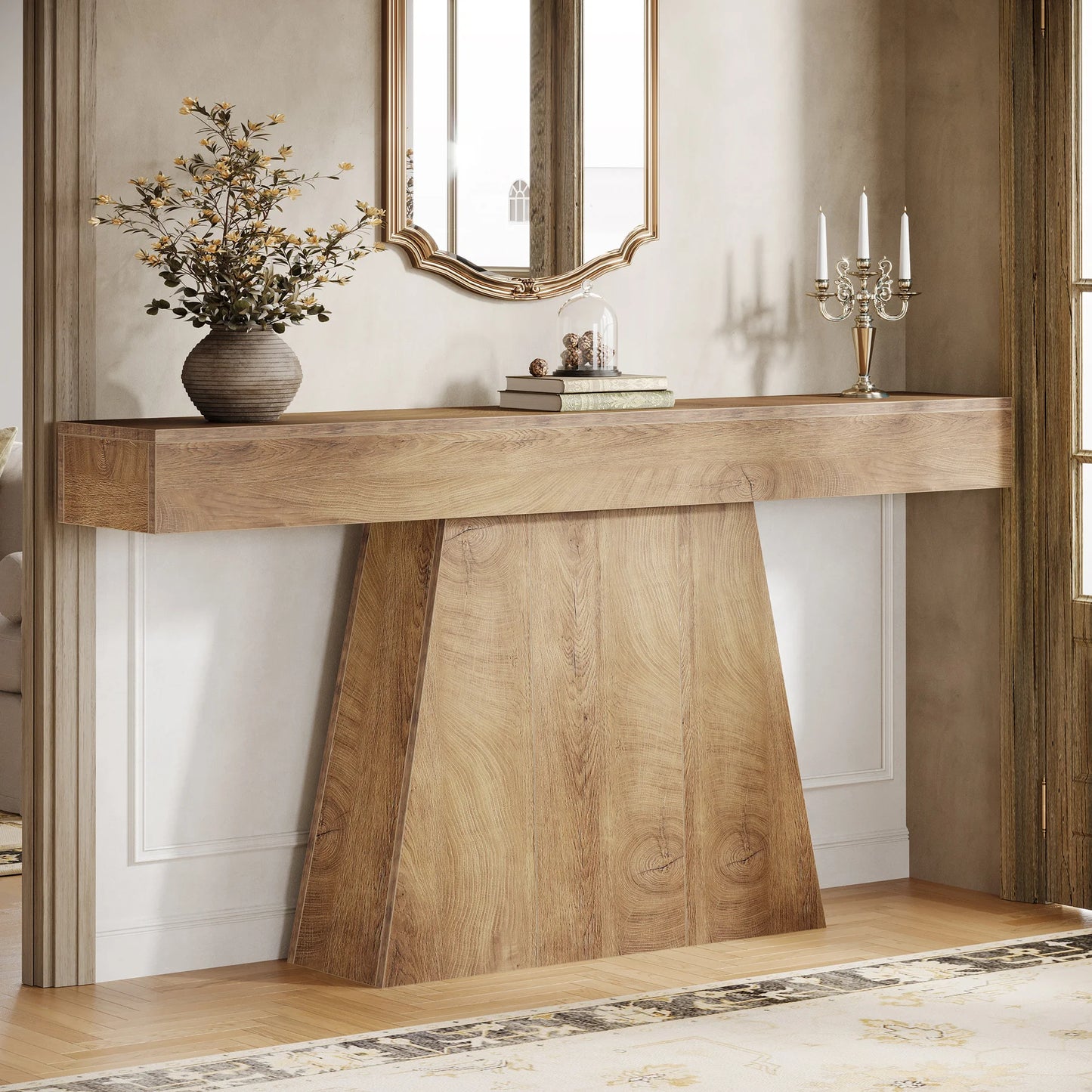 MonoWood 63" Black Console Table, Farmhouse Entryway Table with Trapezoidal Base, Narrow Long Wood Sofa Table