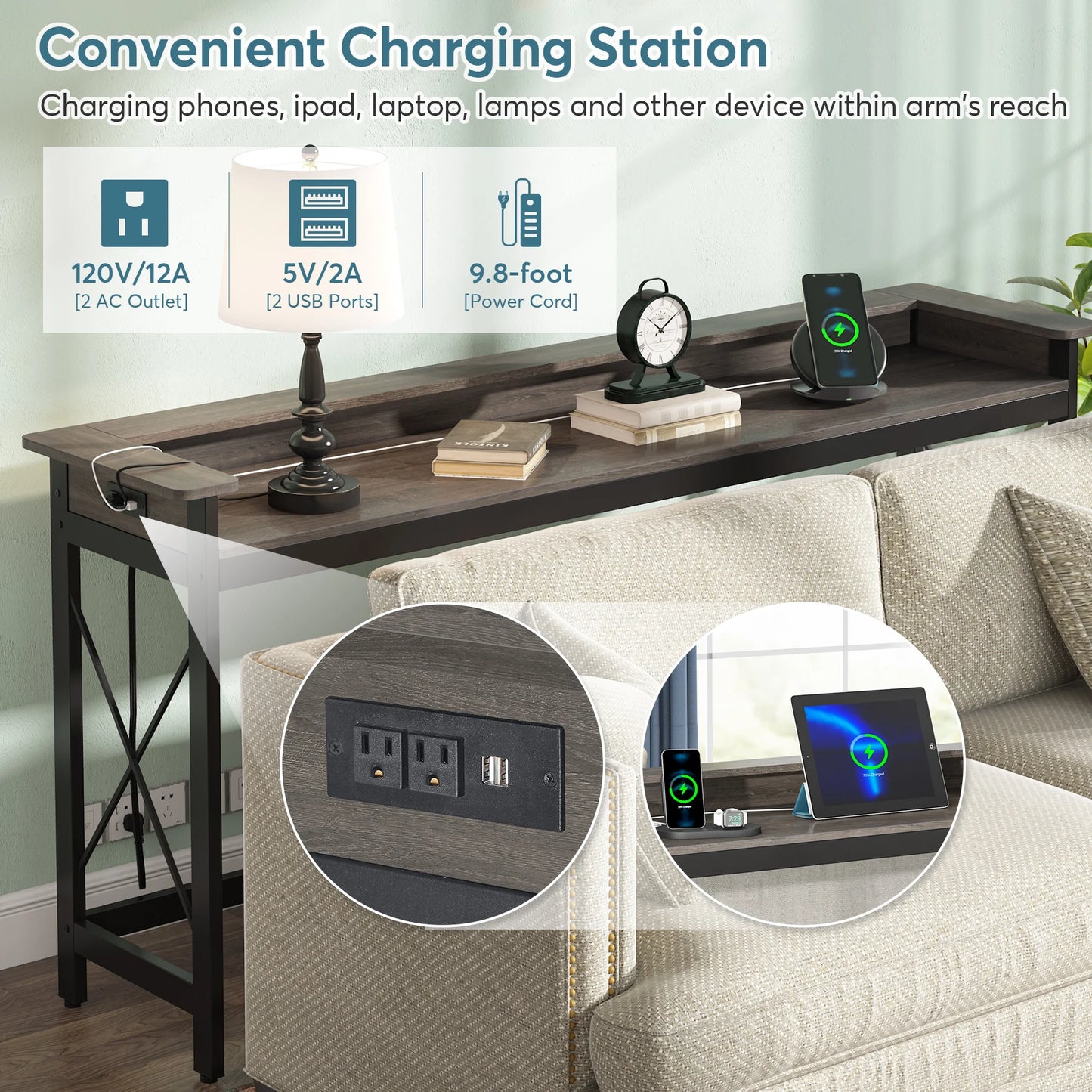 MonoWood Sofa Table with Outlets and USB Ports, 70.9 inch Extra Long Console Table Behind Couch with Charging Station