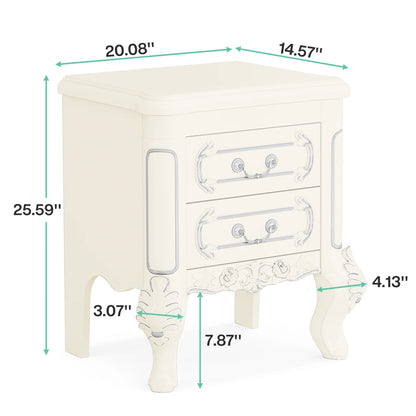 MonoWood White Nightstand, End Table with 2 Drawers, Carved Bedside Tables, Side Table for Bedroom, Living Room