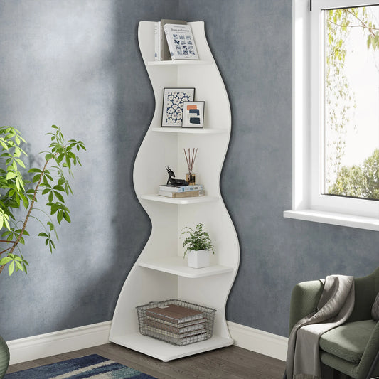 MonoWood Corner Shelf, Modern 5-Tier Wall Corner Bookshelf, Stylish Corner Small Bookcase Storage Rack Plant Stand