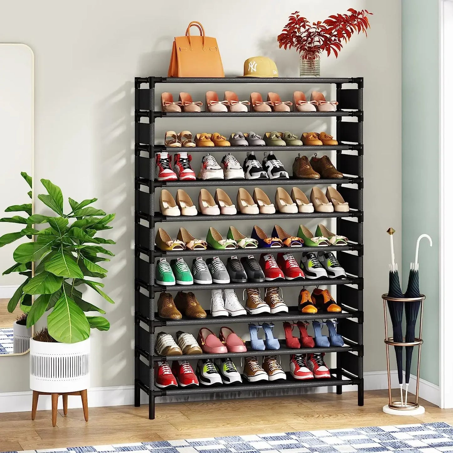 MonoWood Simple Black Shoe Rack Metal Shoe Shelf Footwear Amazing Space Saving Shoes Organizer