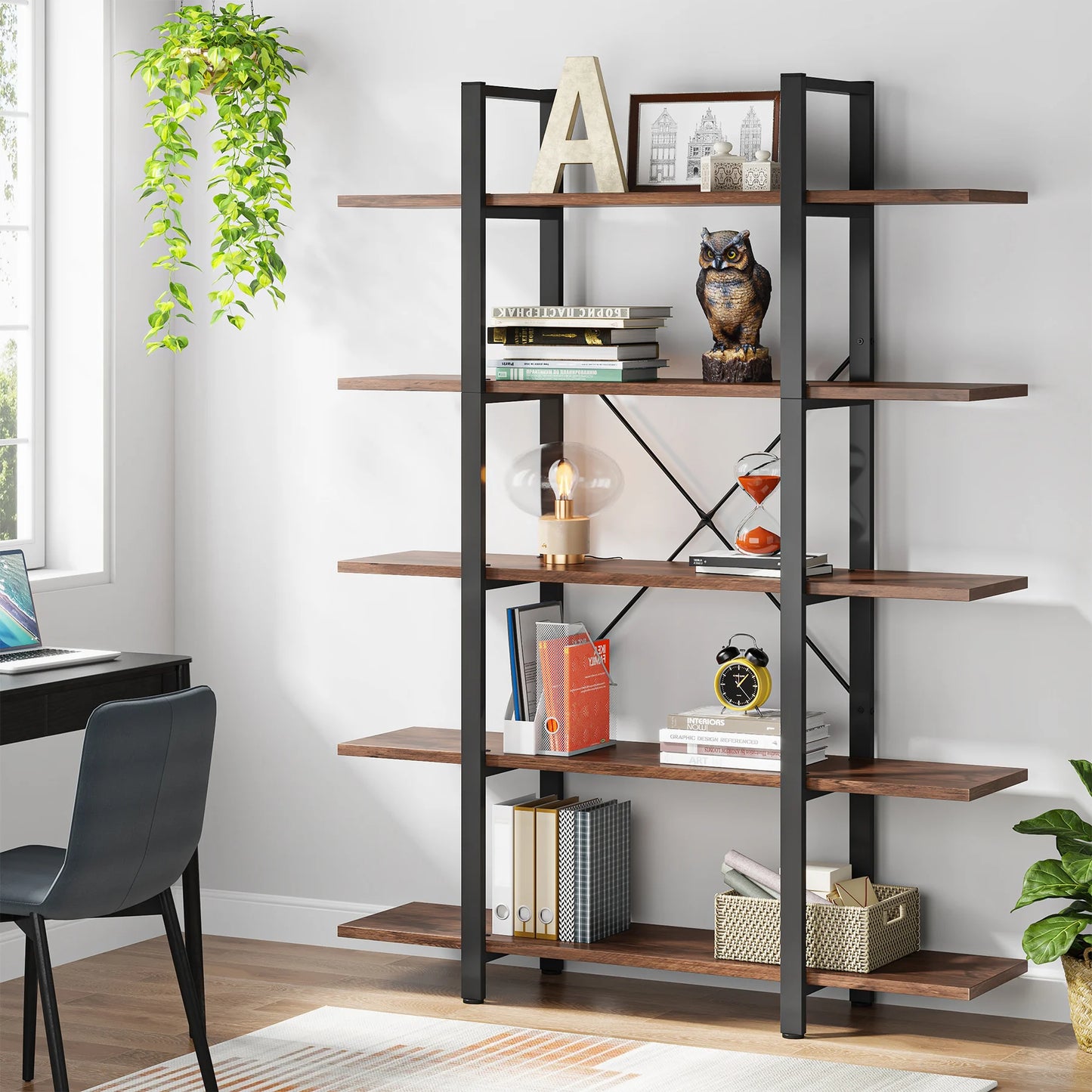 MonoWood 5-Tier Bookshelf, Vintage Industrial Style Bookcase 72 H x 12 W x 47L Inches