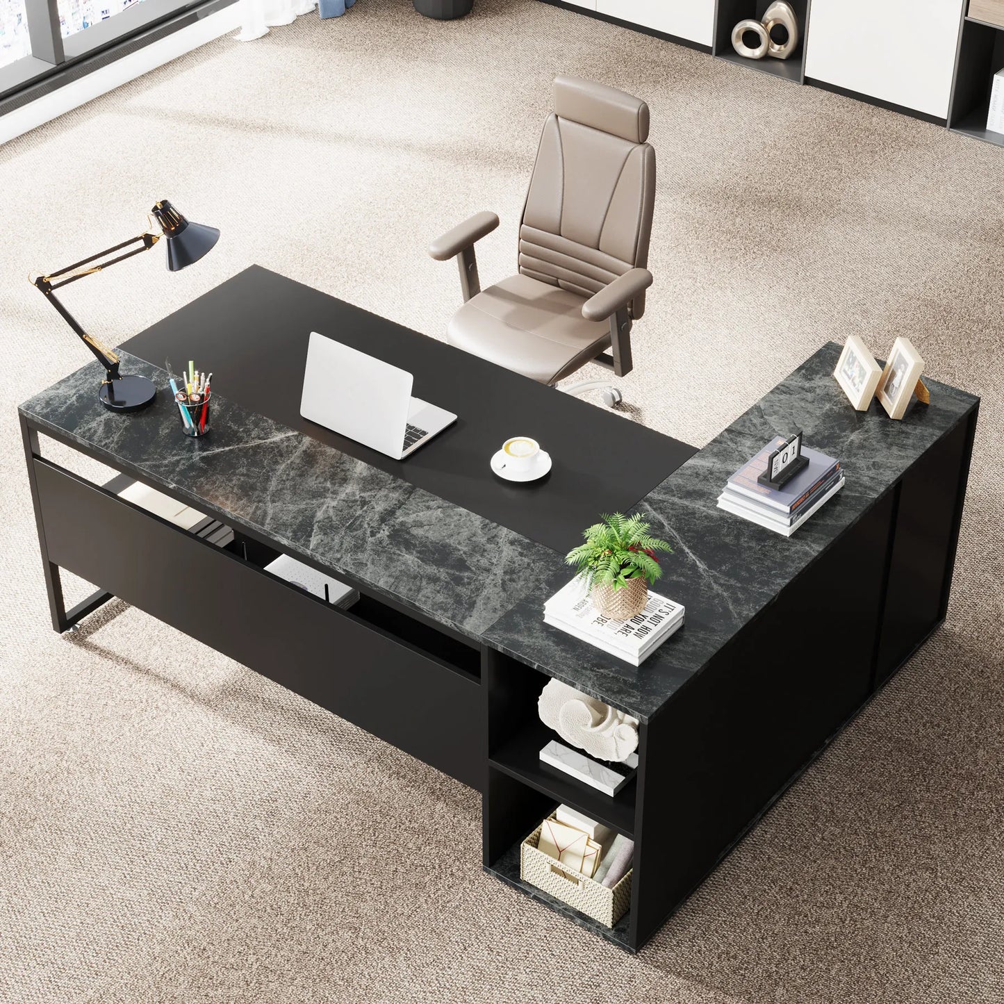MonoWood 71 inch Executive Desk, L Shaped Desk with Cabinet Storage, Executive Office Desk with Shelves