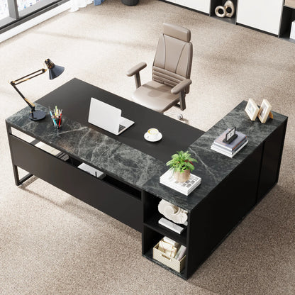 MonoWood 71 inch Executive Desk, L Shaped Desk with Cabinet Storage, Executive Office Desk with Shelves