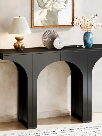 MonoWood 47 Inches Console Table, Black Entryway Table, Modern Hallway Table, Sofa Table with Arch Base, Unique Foyer Table