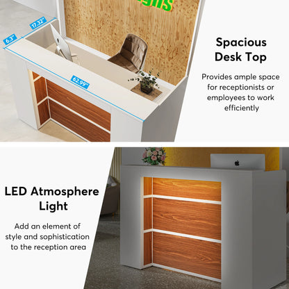 MonoWood Reception Desk with LED Lights, 63 Inches Front Counter Desk for Checkout, Lobby, Salon, Retail, Large Counter Table