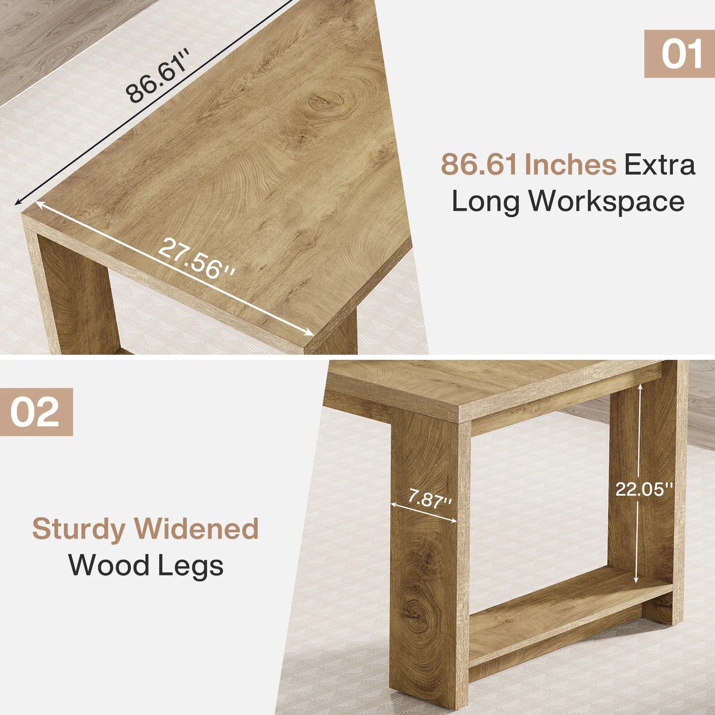 MonoWood Two Person Desk, 86.6 Inches Extra Long Desk, Double Computer Writing Table, Wood Large Desks Workstation