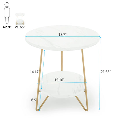 MonoWood 2 Tier Faux Marble End Table Round Side Table with Shelves Small Coffee Accent Table for Living Room, White and Gold