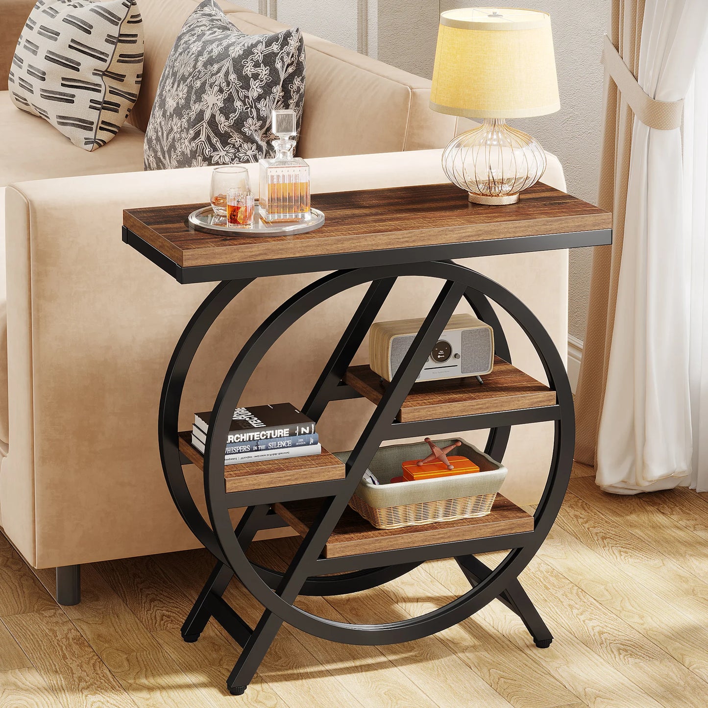 MonoWood End Table for Living Room, 3-Tier Narrow Side Table with Storage, Wood Sofa Side Table with Geometric Metal Frame