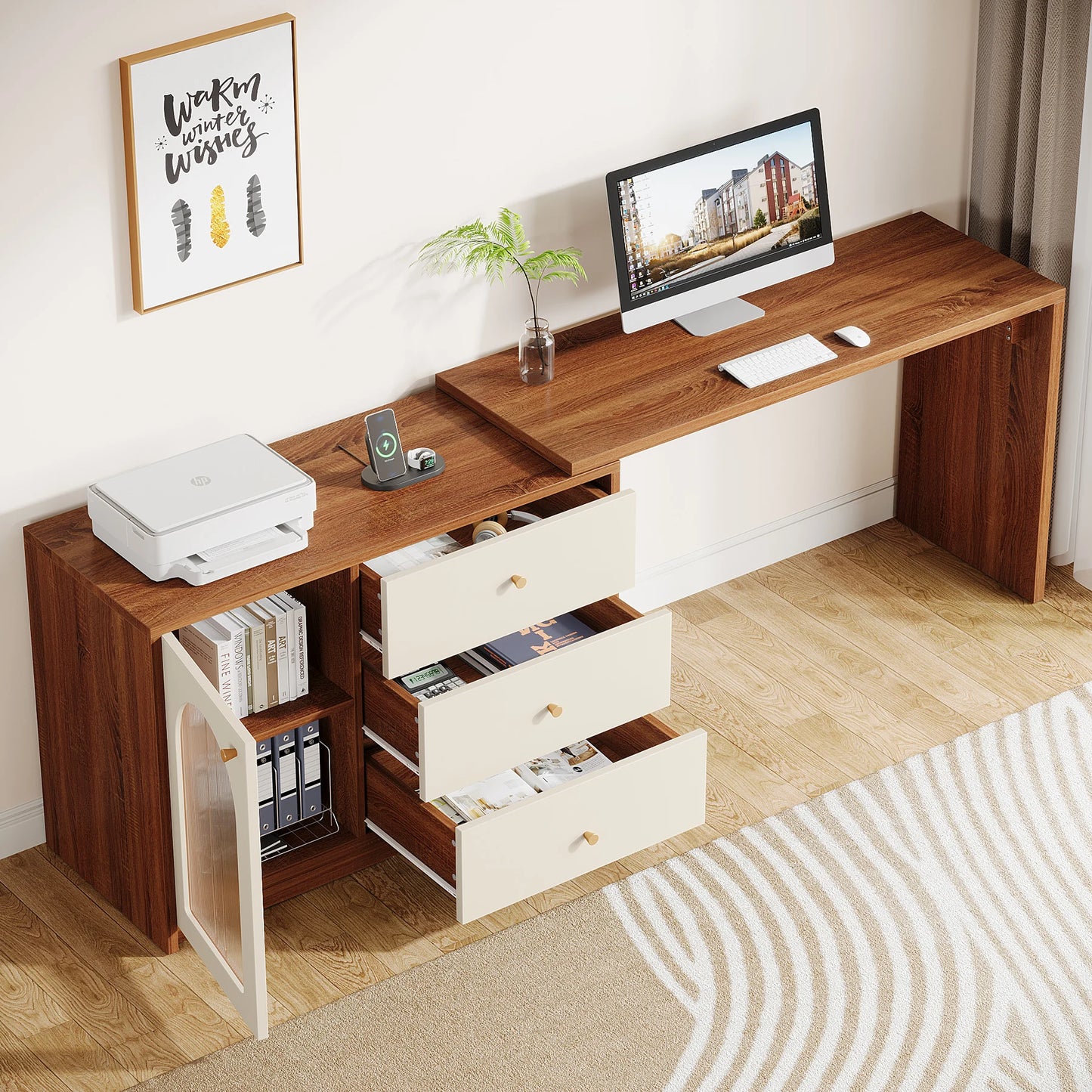 MonoWood L Shaped Computer Desk with Drawers, Modern Corner Home Office Desk with Reversible Storage Cabinet, Long Study Desk