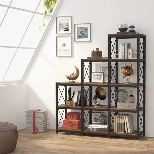 MonoWood 12 Shelves Bookshelf, Industrial Ladder Corner Bookshelf 9 Cubes Stepped Etagere Bookcase