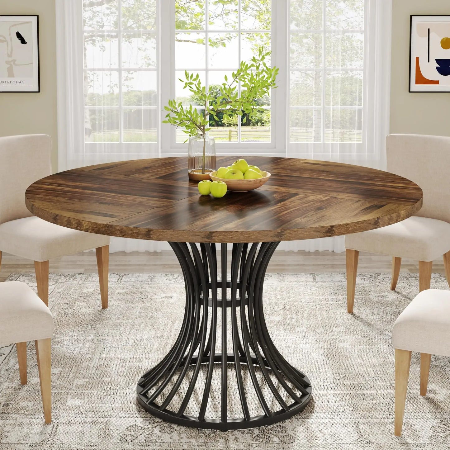 MonoWood Round Dining Table for 4-6 People, 47-Inch Farmhouse Dinning Room Table Circle Kitchen Table, Industrial Dinner Table