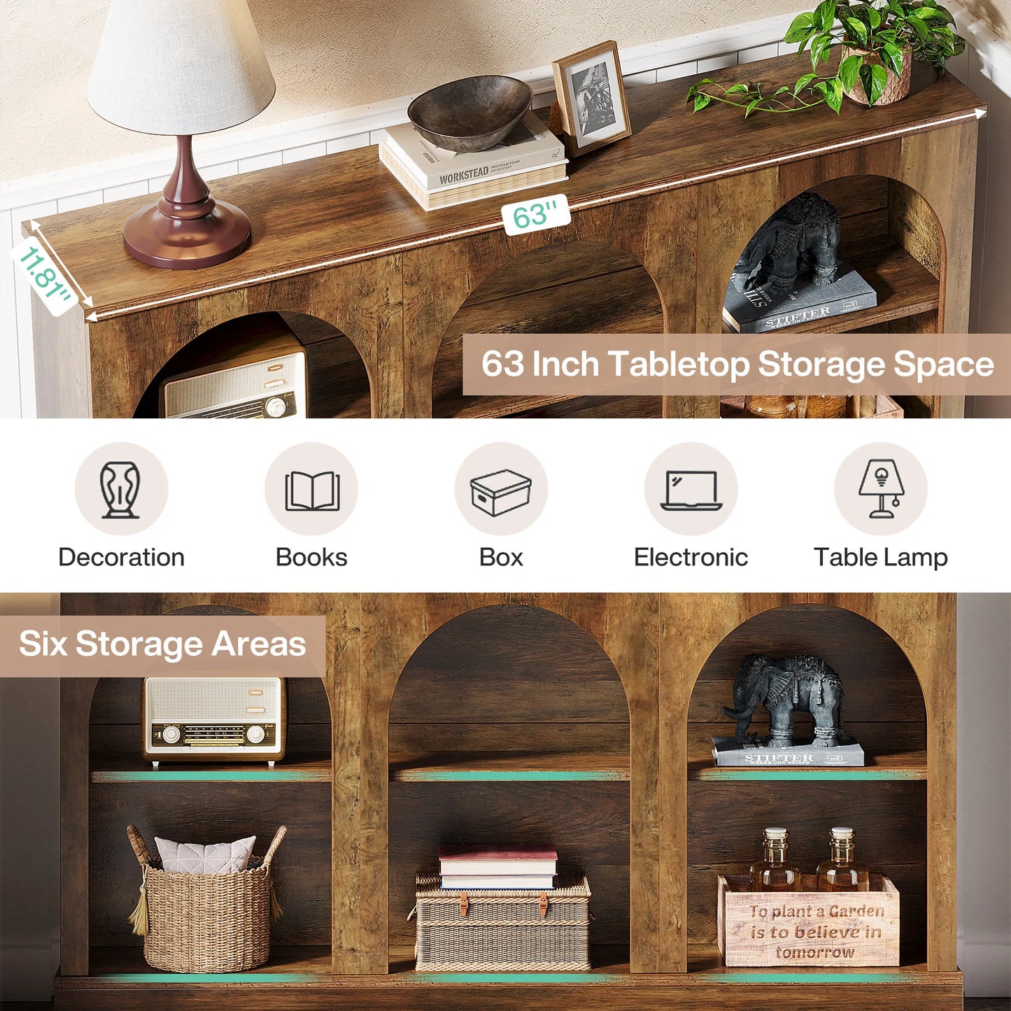 MonoWood Farmhouse Console Table, 63-Inch Long Entryway Table with 3 Tier Storage, Wooden Rectangular Sofa Table