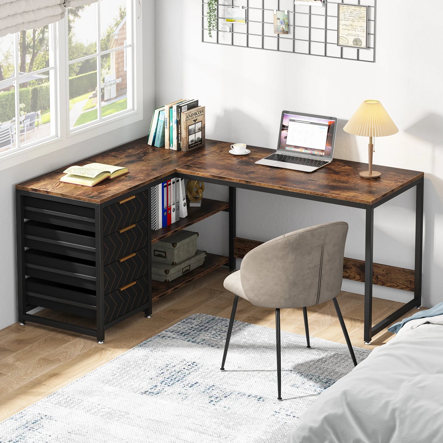 MonoWood L Shaped Computer Desk with Storage Drawers, 59 inch Corner Desk with Shelves, Reversible L-Shaped Office Desk Study