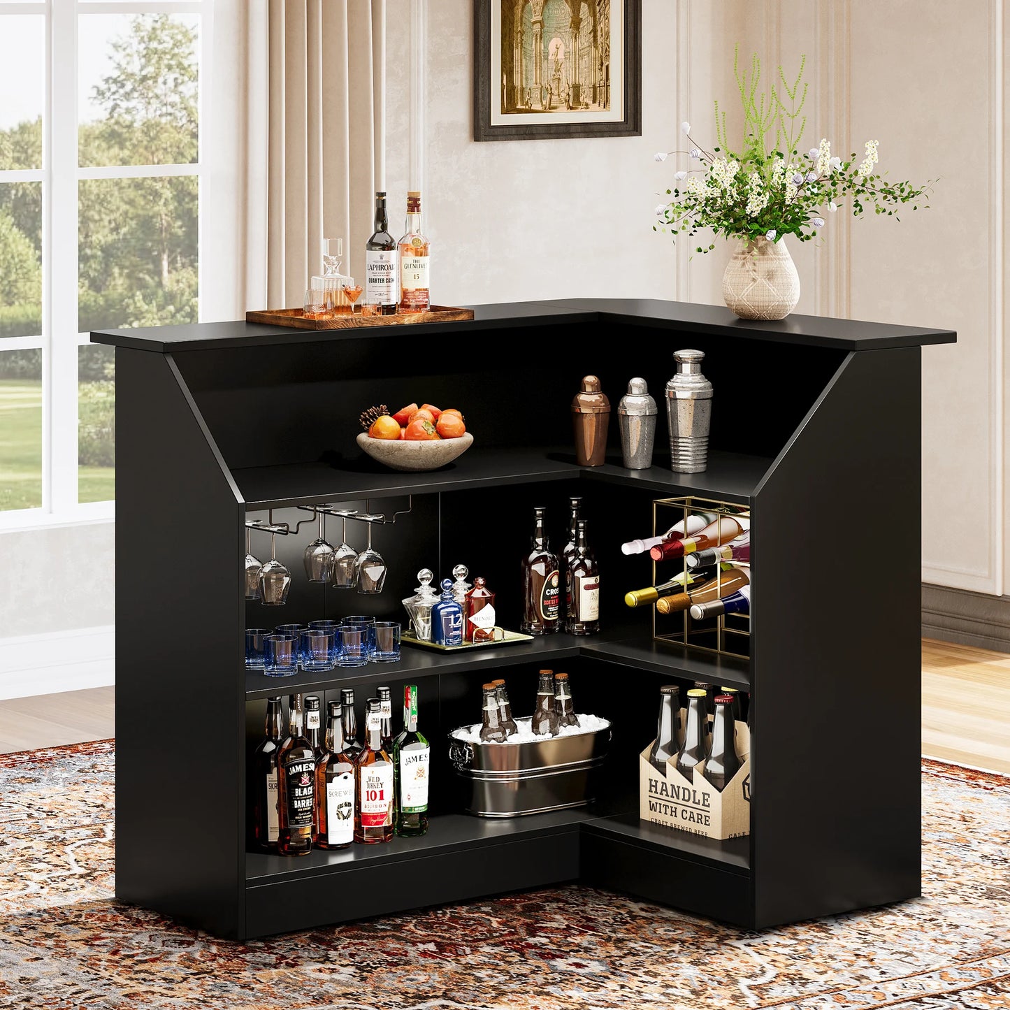 MonoWood L-Shaped Bar Cabinet, 4-Tier Corner Bar Unit with Stemware Racks, Black