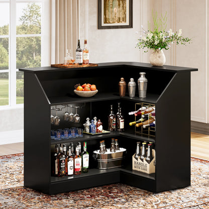 MonoWood L-Shaped Bar Cabinet, 4-Tier Corner Bar Unit with Stemware Racks, Black