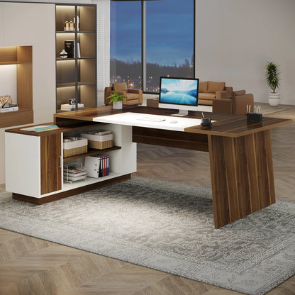 MonoWood L-Shaped Executive Office Desk, 70.5-Inch Mid-Century Modern Executive Desk with Storage Cabinet and Shelves