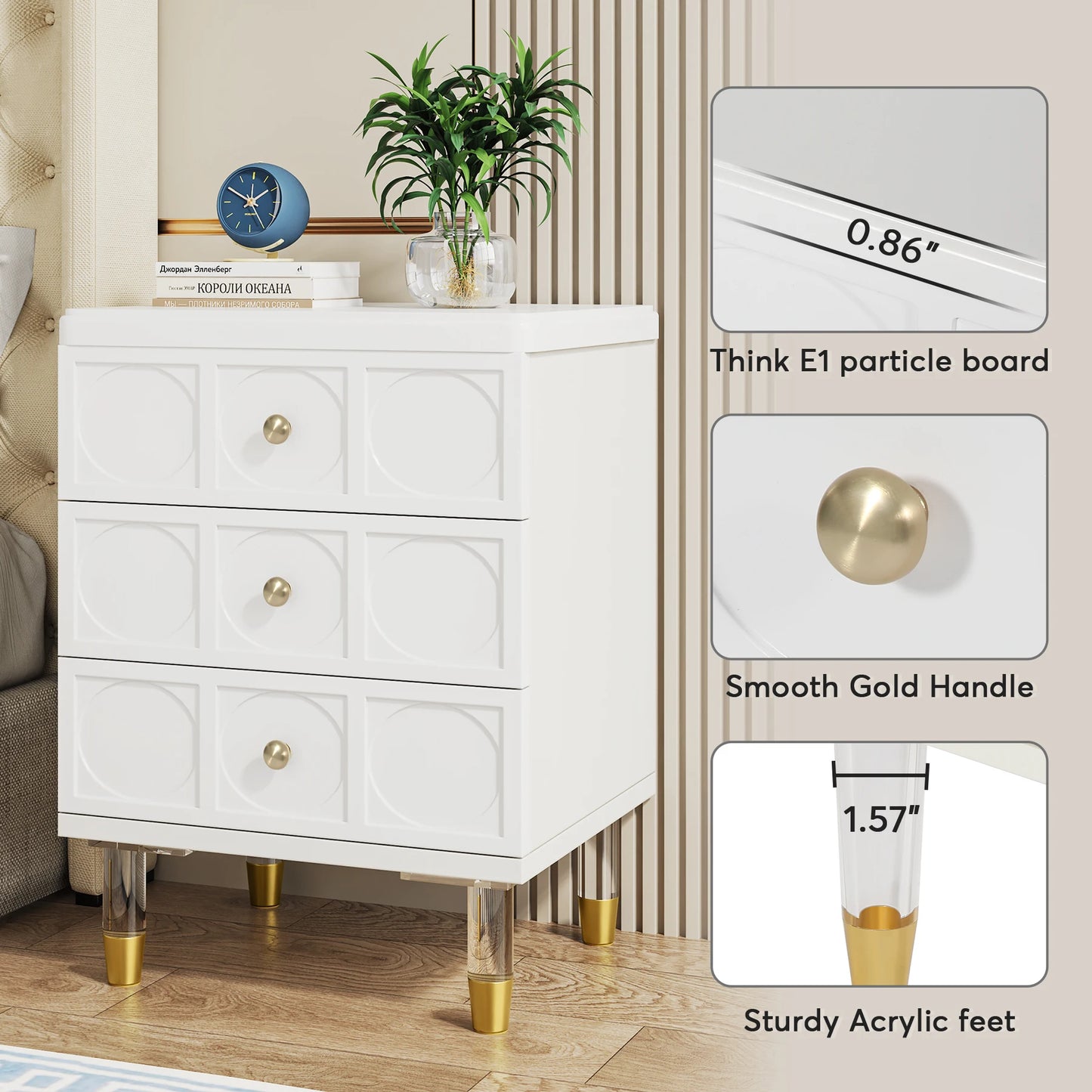 MonoWood 3-Drawer Nightstand Tall White and Gold Bedside Table with Drawers, Versatile Modern White Night Stand with Storage