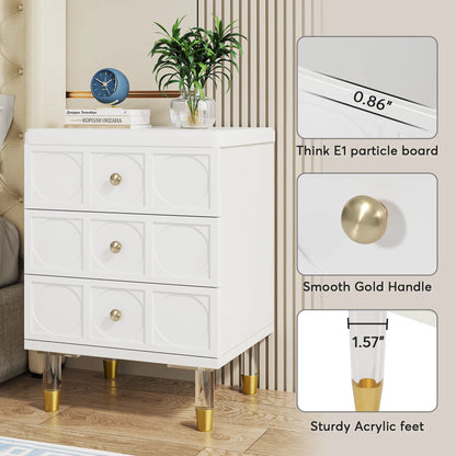 MonoWood 3-Drawer Nightstand Tall White and Gold Bedside Table with Drawers, Versatile Modern White Night Stand with Storage