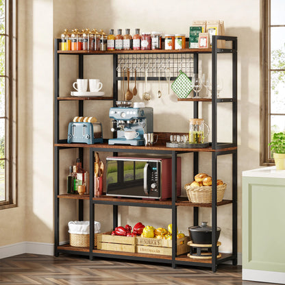 MonoWood Large Bakers Rack, 55" Wide Kitchen Hutch Cabinet Microwave Stand with 11 Hooks, 5-Tier Baker’s Rack Kitchen Shelf