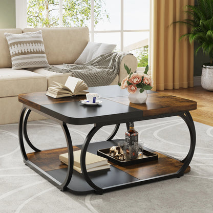 MonoWood Square Coffee Table with 2 Tiers, 40 inches Low Farmhouse Coffee Table with Wood Storage Shelf Heavy Duty Metal Curve