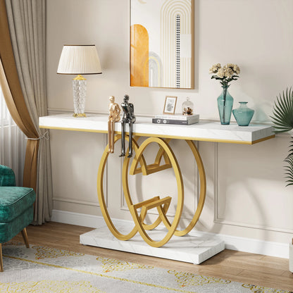MonoWood 55 Inch Console Table for Hallway, Faux Marble Gold Entryway Table with Geometric Metal Base, Modern Sofa Table