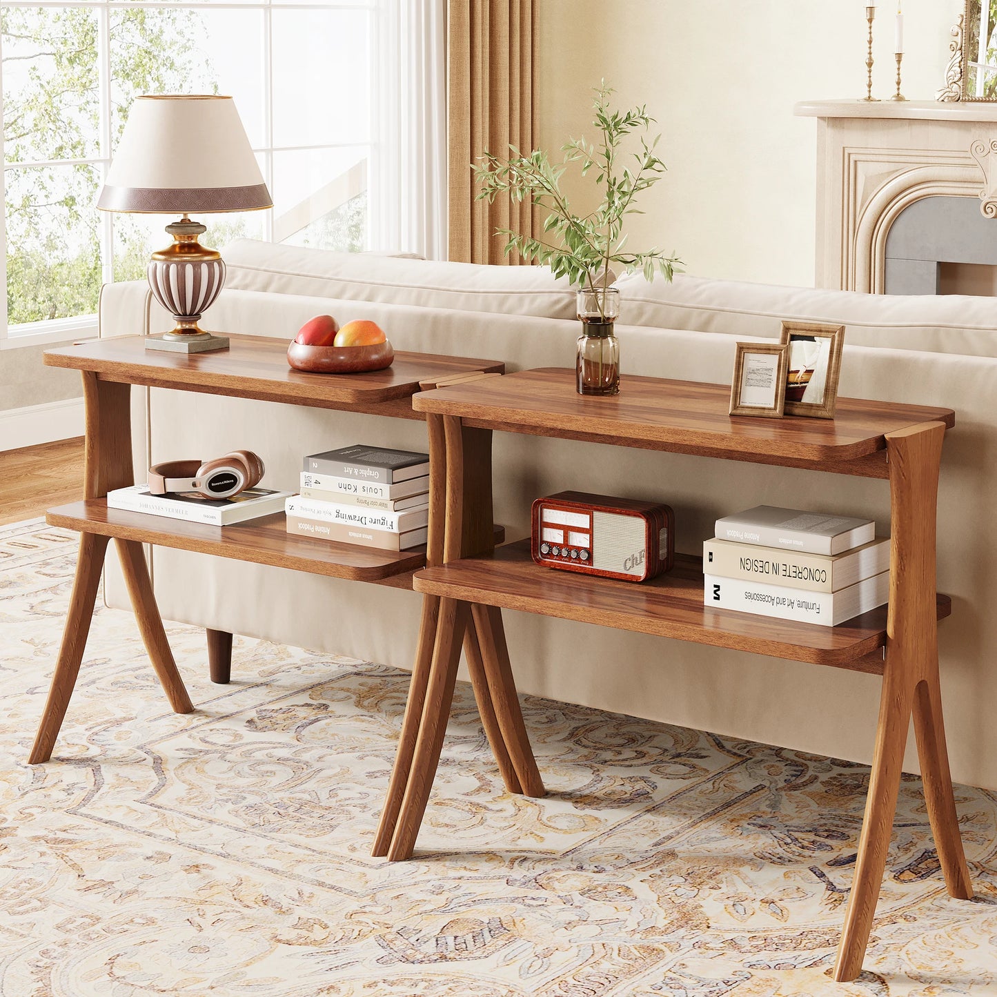 MonoWood Walnut Side Table for Living Room, Narrow End Table with 2-Tier Storage Shelf and Solid Wood Legs, Slim Bedside Table