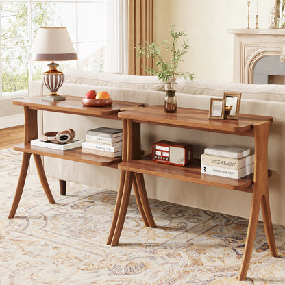 MonoWood Walnut Side Table for Living Room, Narrow End Table with 2-Tier Storage Shelf and Solid Wood Legs, Slim Bedside Table