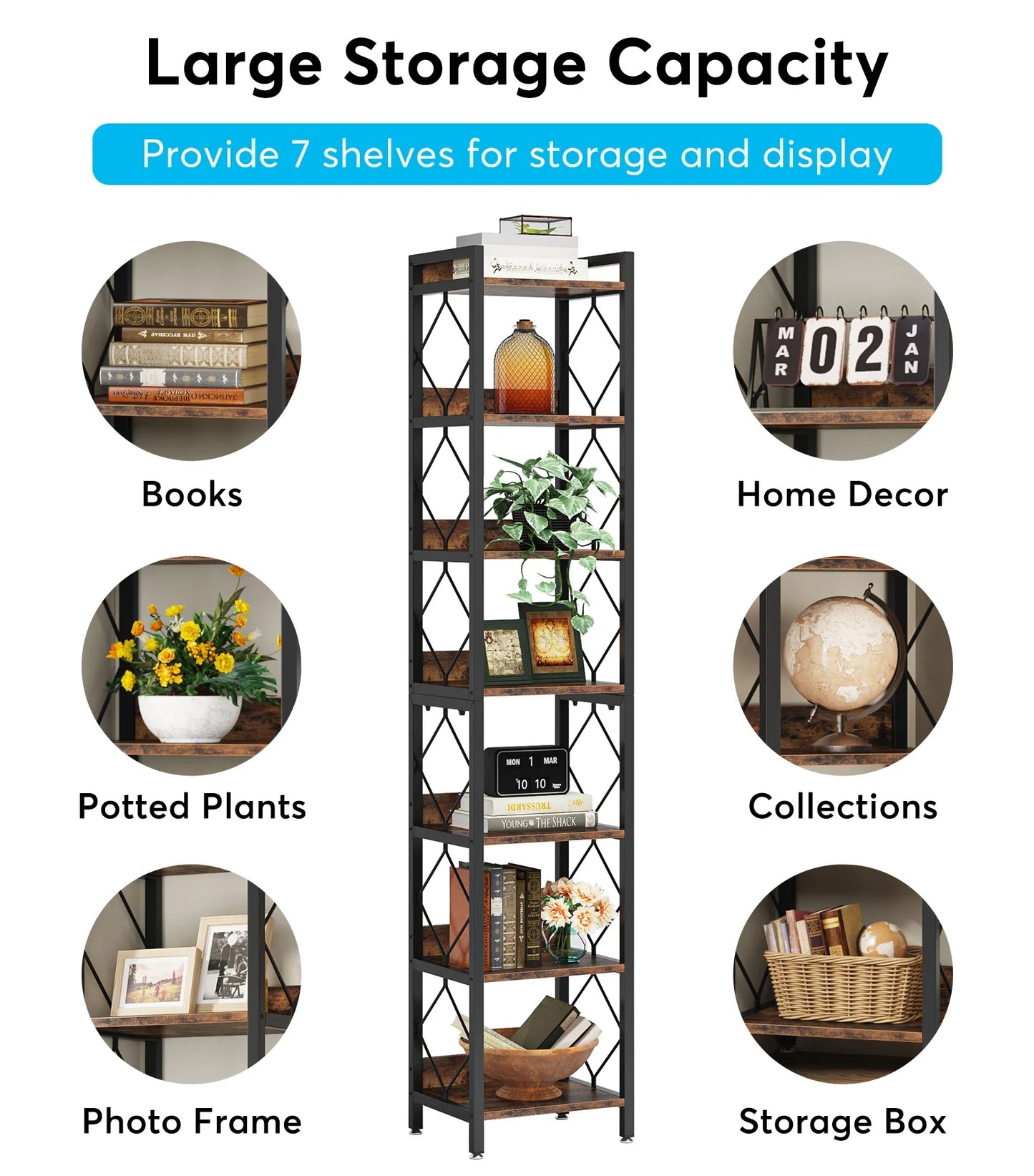 MonoWood 78.7 Inch Extra Tall Narrow Bookshelf, 7 Tier Skinny Bookcase for Small Spaces, Freestanding Display Shelves