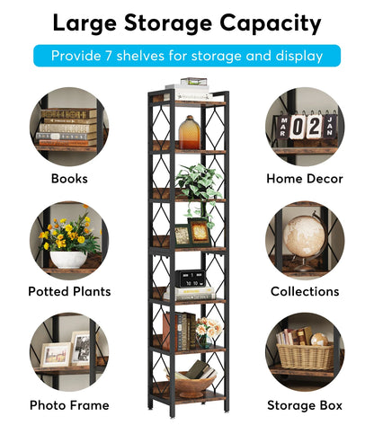 MonoWood 78.7 Inch Extra Tall Narrow Bookshelf, 7 Tier Skinny Bookcase for Small Spaces, Freestanding Display Shelves
