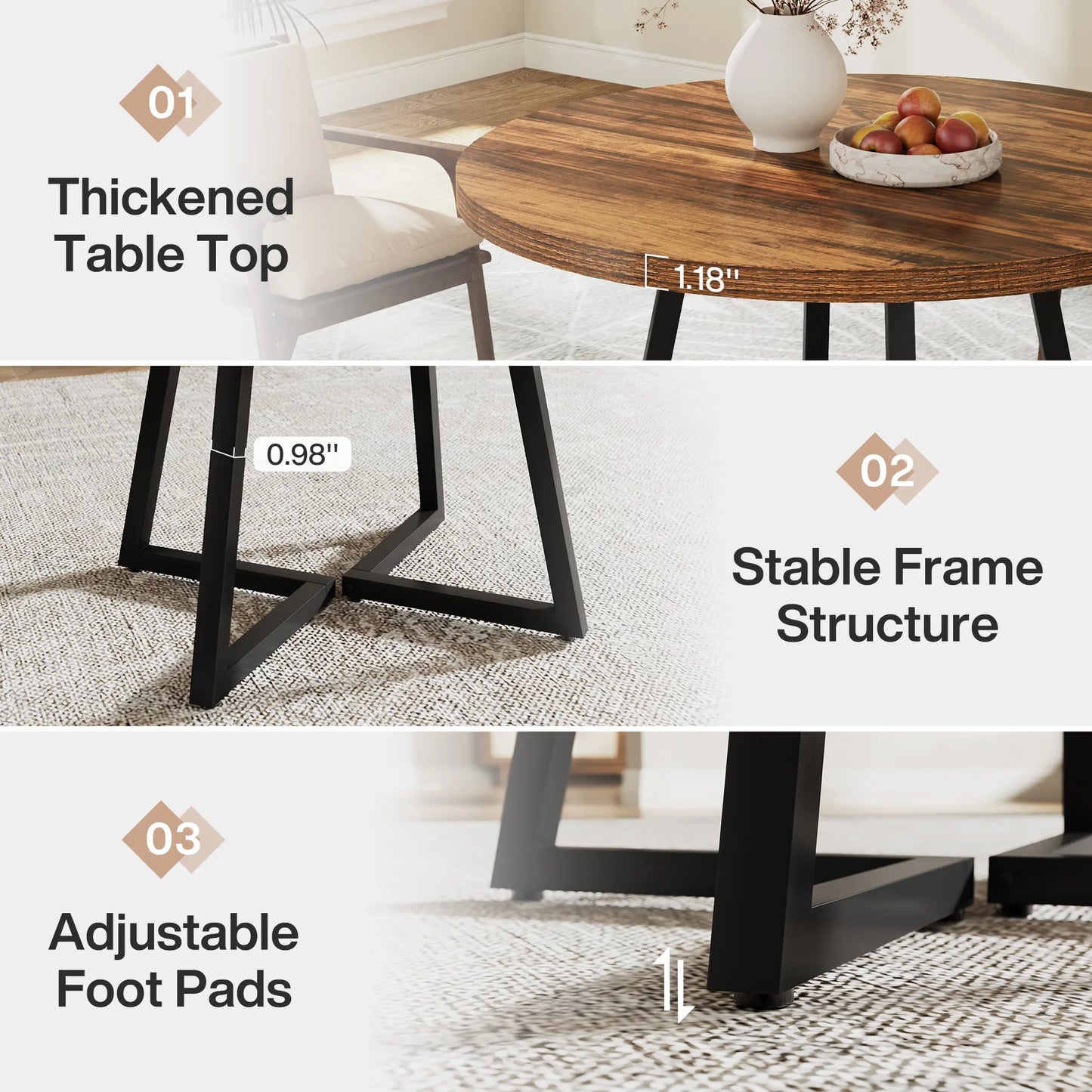 MonoWood Round Dining Table for 2, 31.5" Industrial Kitchen Table with Metal Base, Small Table for Dining Room, Small Space