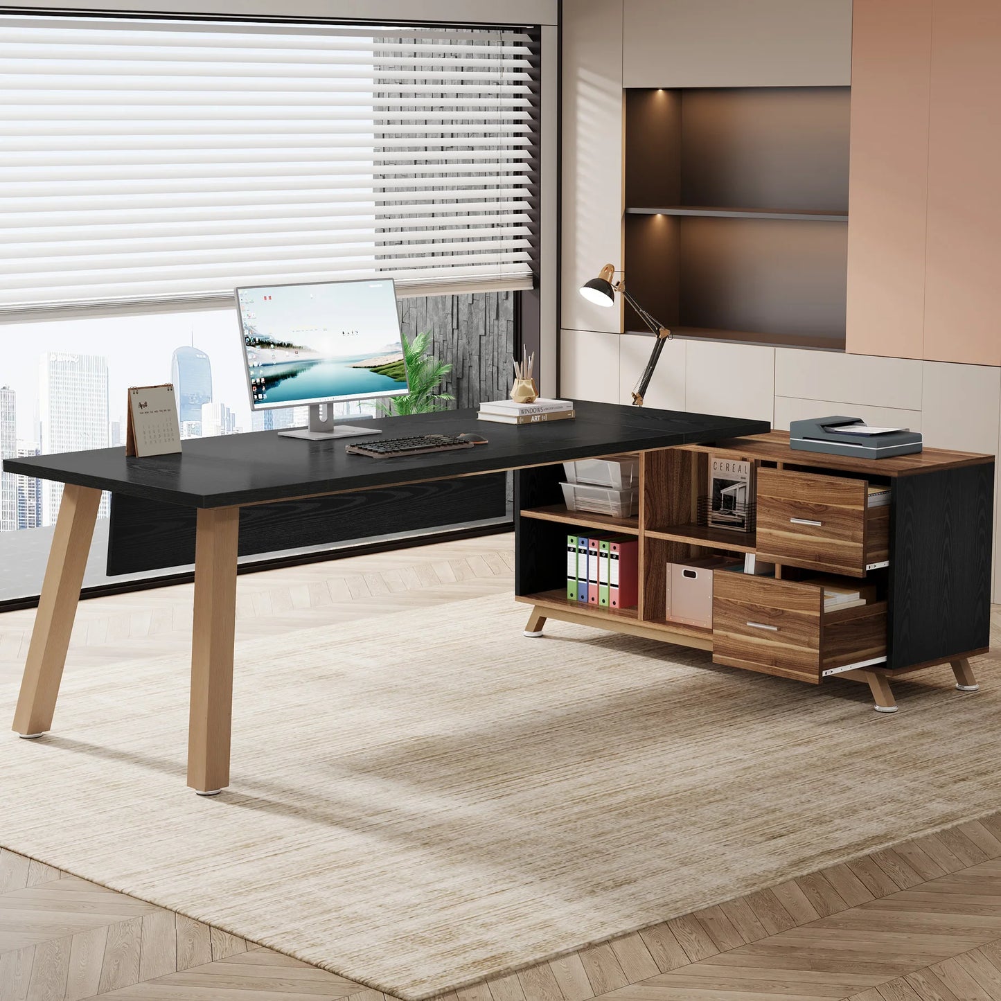 MonoWood 78.7-Inch Executive Desk, L-Shaped Desk with 55-Inch Cabinet, Large Office Desk with Storage Shelves